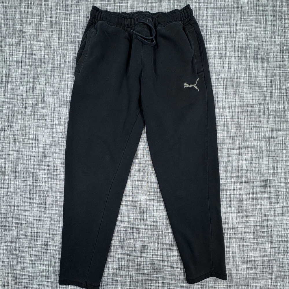 Puma Mens Small Black Fleece Sweatpants Open Hem Drawstring Waist Pockets Logo